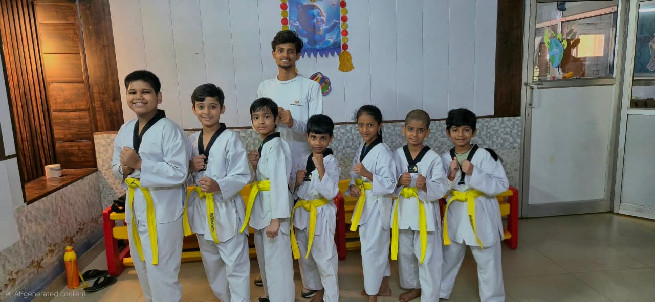 Harshit Tiwari with Taekwondo students at Martial Mystery Dojo, Lucknow